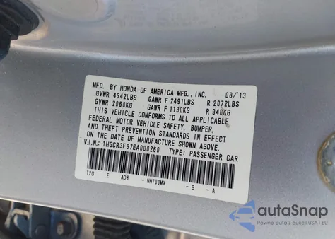 2014 Honda Accord Ex-L V-6 z USA, uszkodzony, nr VIN 1HGCR3F87EA000260